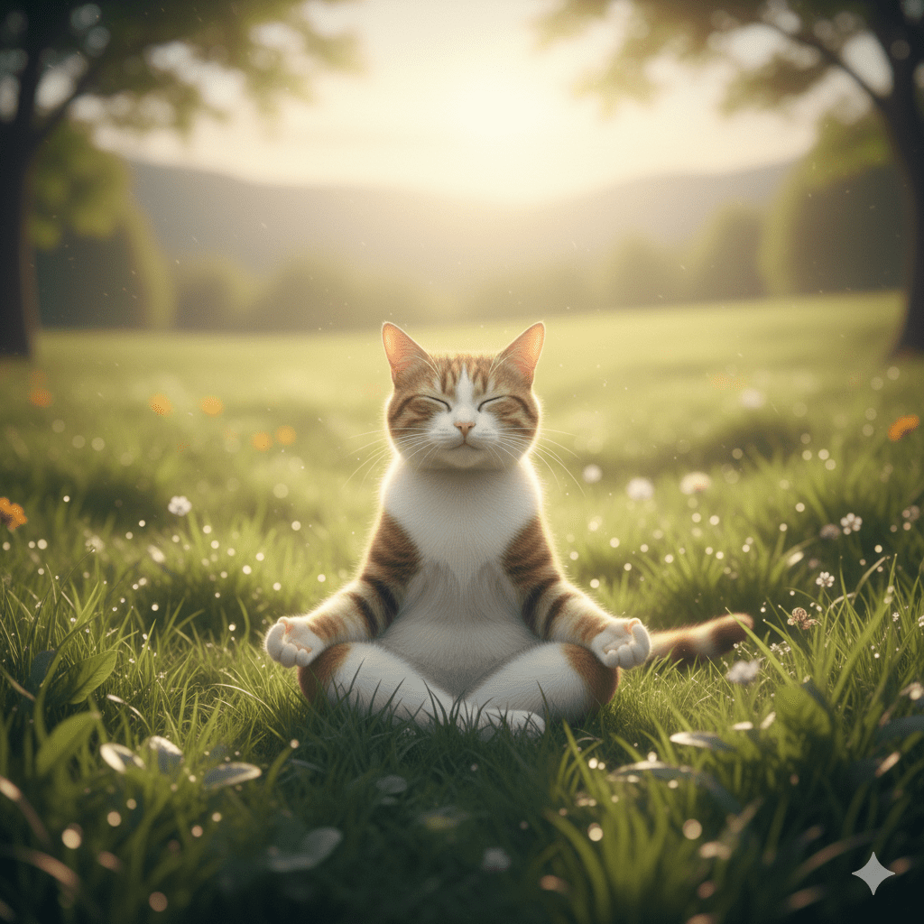 비행기 공포증 극복을 위한 4-7-8 호흡법과 신체 이완 명상을 하는 고양이