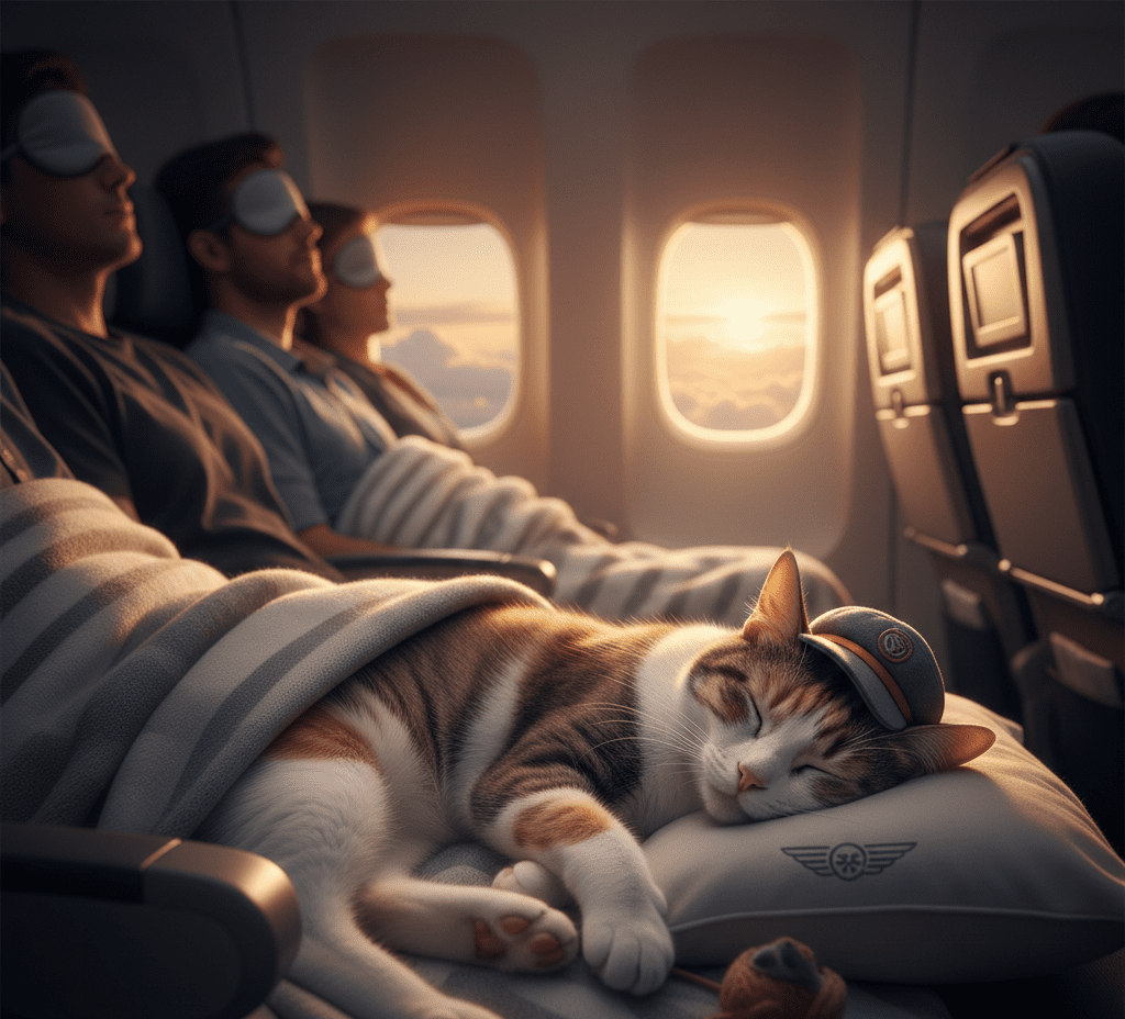 비행기 공포증 극복을 위해 약을 복용하고 기내에서 잠들어 있는 고양이