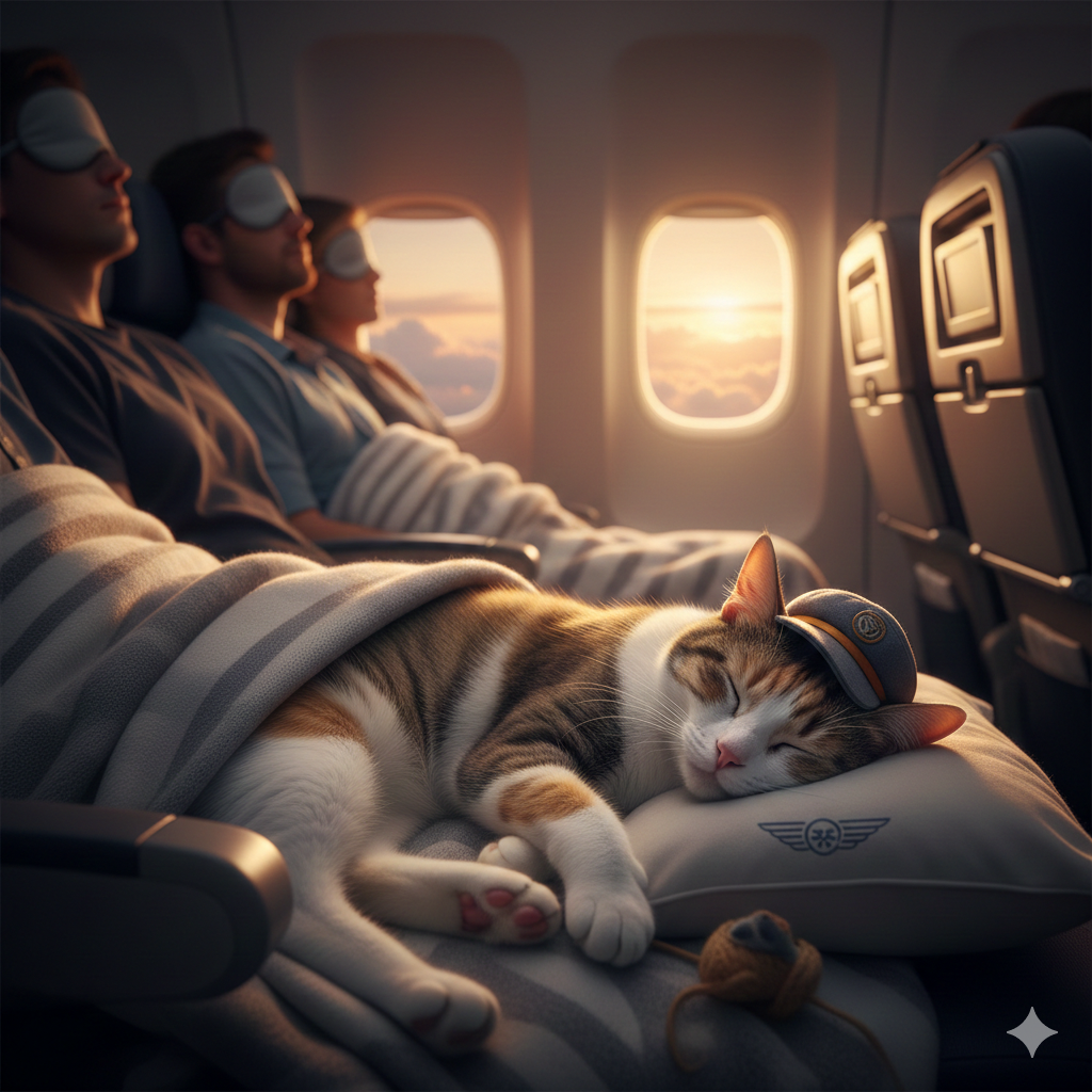 비행기 공포증 극복을 위해 약을 복용하고 기내에서 잠들어 있는 고양이