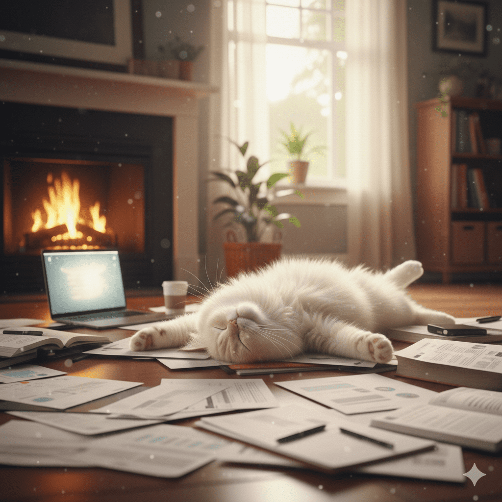 번아웃 증상으로 지쳐 쓰러진 듯한 고양이 모습과 무기력 상태 비교 이미지