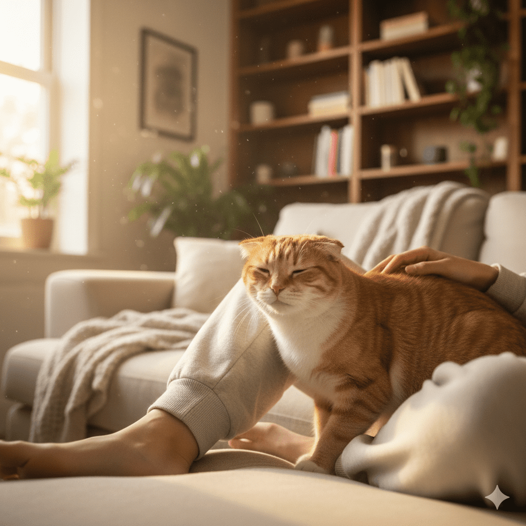 비행기 공황 완화를 위해 고양이가 사람에게 부비며 안정감을 주는 모습