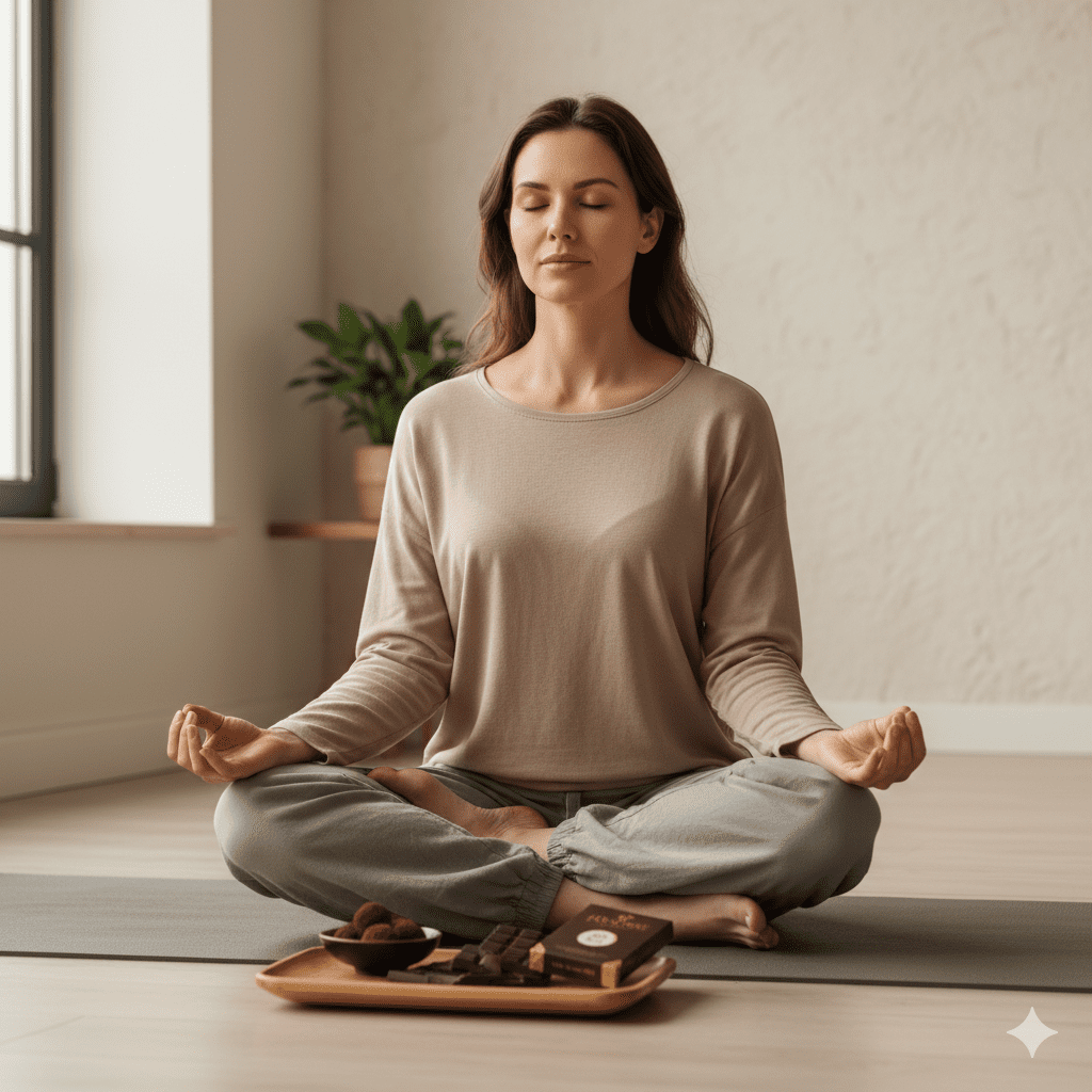 PMS 기간 중 초콜릿 명상을 통해 감정을 조절하는 장면, PMS 솔루션 실험 이미지
