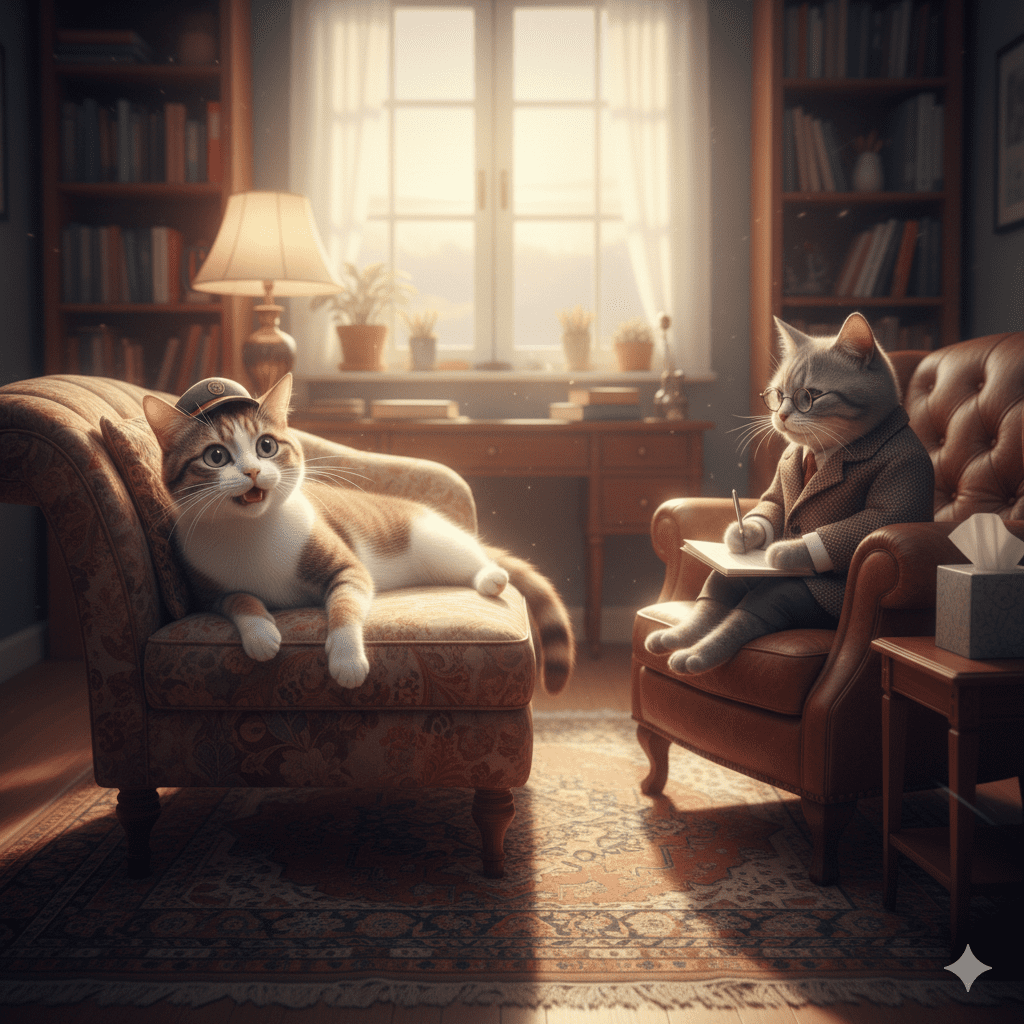 비행기 공포증 극복을 위해 정신과에서 인지행동치료 상담을 받는 고양이