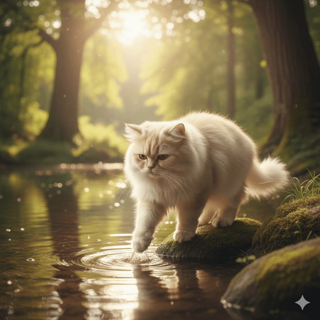 무기력에서 벗어나기 위해 물가에 한 걸음 내딛는 도전하는 고양이 이미지