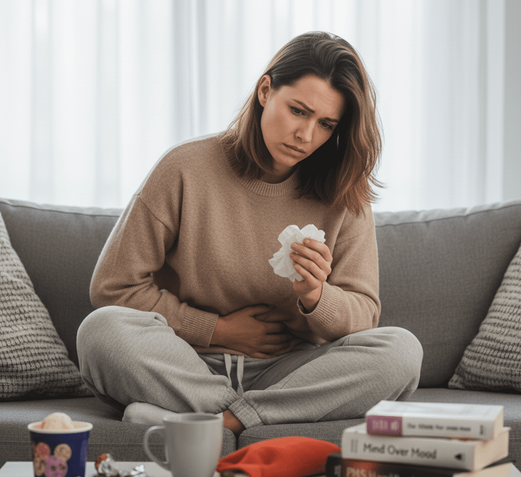 PMS 증상 원인 기간 중 pms로 우울감과 무기력을 느끼는 여성의 모습, 생리전증후군 기간 중 감정 변화 설명 이미지