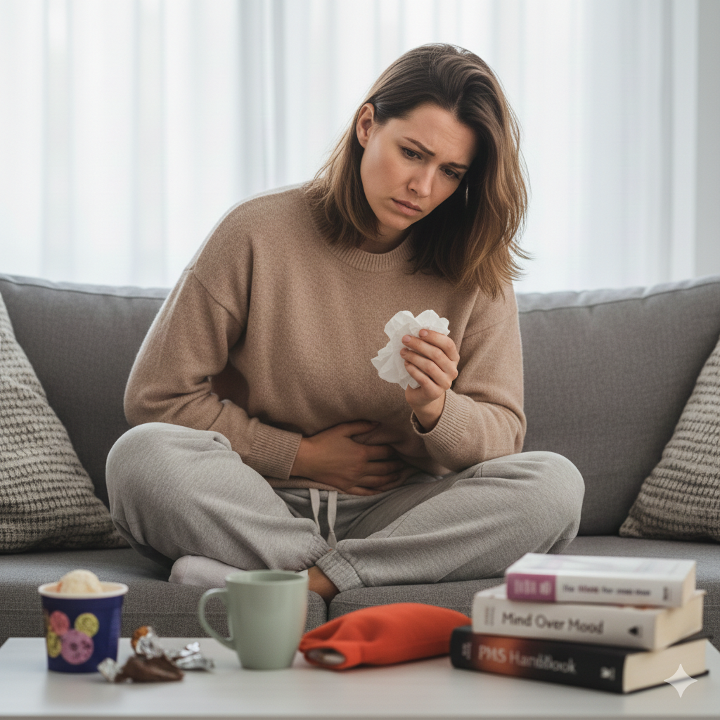 PMS 증상 원인 기간 중 pms로 우울감과 무기력을 느끼는 여성의 모습, 생리전증후군 기간 중 감정 변화 설명 이미지