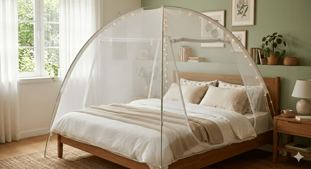 고양이 오줌테러 해결을 위해 침대에 설치한 캐노피 구조