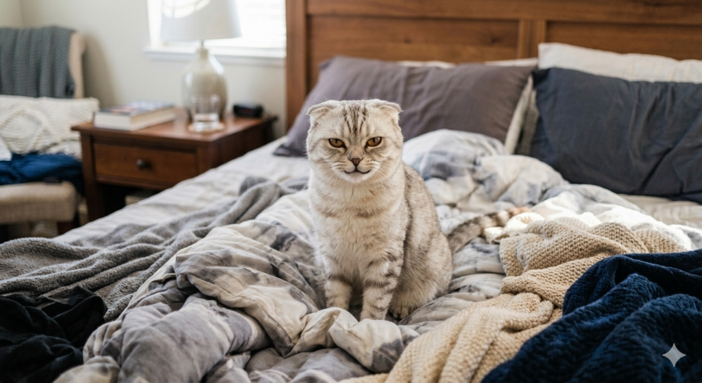 침대 위에서 장난스럽게 웃고 있는 고양이 오줌테러 상황