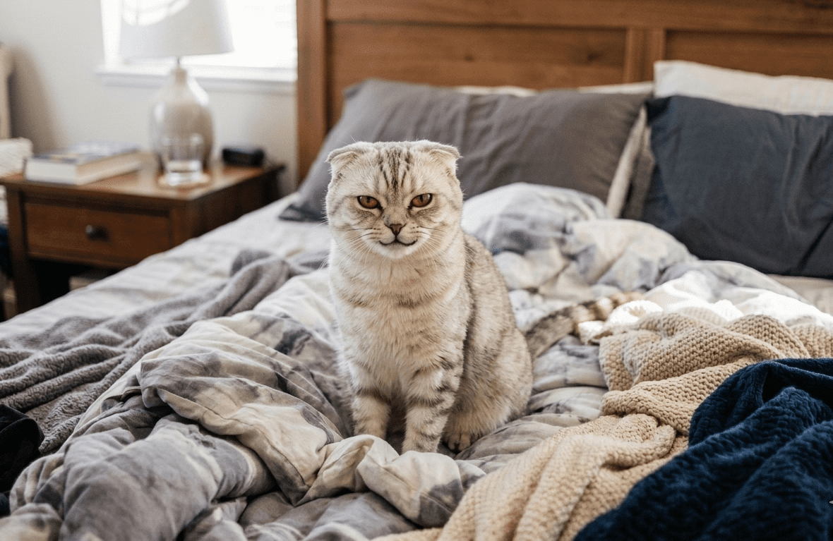 고양이 오줌테러 해결 대표이미지 중 고양이가 침대 위에서 웃는 모습