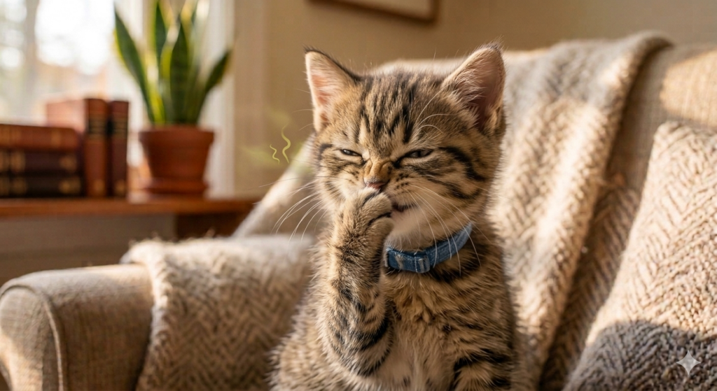 고양이가 소변 냄새 때문에 얼굴을 찡그리고 있는 모습