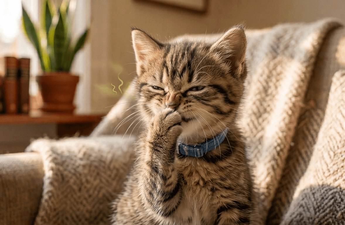고양이 오줌 냄새 없애는 방법 중 고양이가 소변 냄새 때문에 얼굴을 찡그리고 있는 대표 이미지