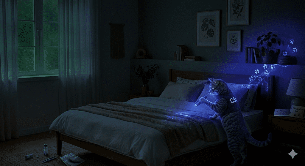 UV 라이트로 침대 매트리스의 고양이 소변 흔적을 찾는 모습