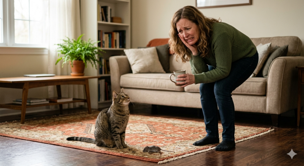 바이브코딩으로 게임 만들기 하다가 예상치 못한 에러라는 선물을 받은 상황을 표현한 고양이 와 집사 이미지