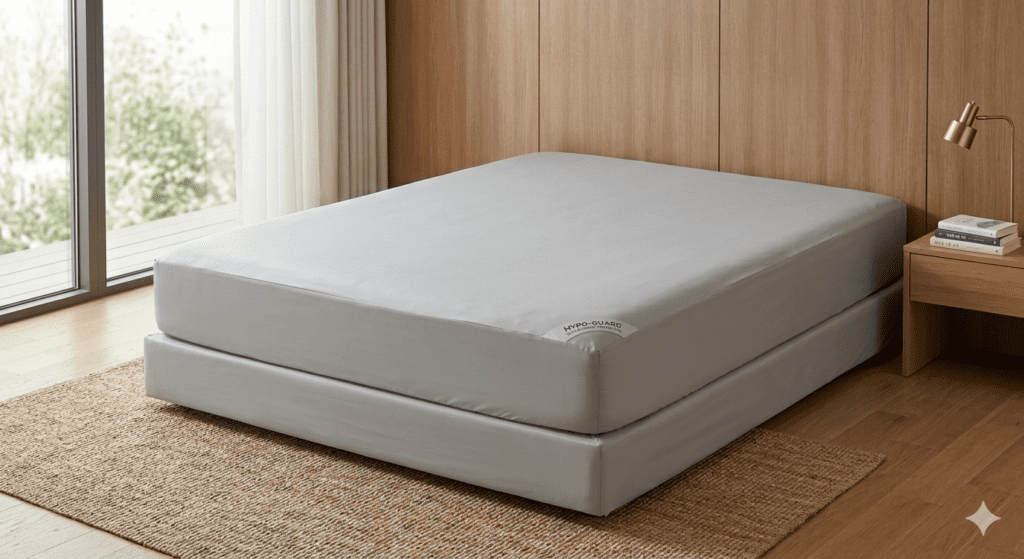 고양이 소변 사고 예방을 위해 방수 매트리스 커버를 씌운 침대