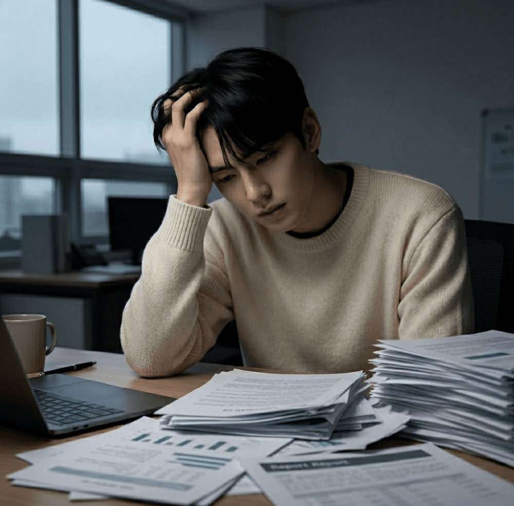 워드프레스 대표이미지 업로드 오류로 골머리를 앓고 있는 남성 이미지