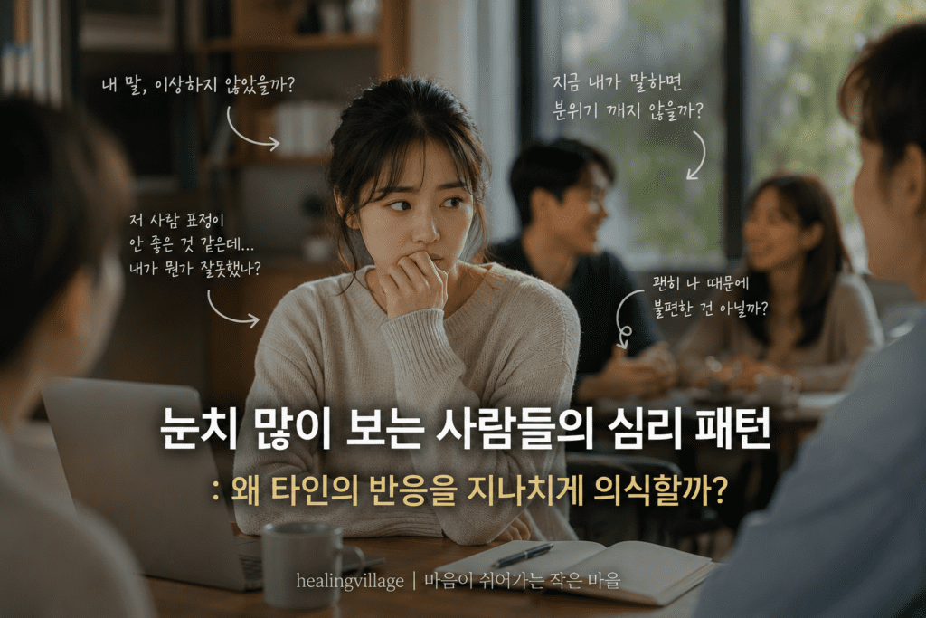 회의와 인간관계에서 타인의 시선을 지나치게 의식하는 눈치 보는 사람의 심리 패턴을 표현한 블로그 대표 이미지