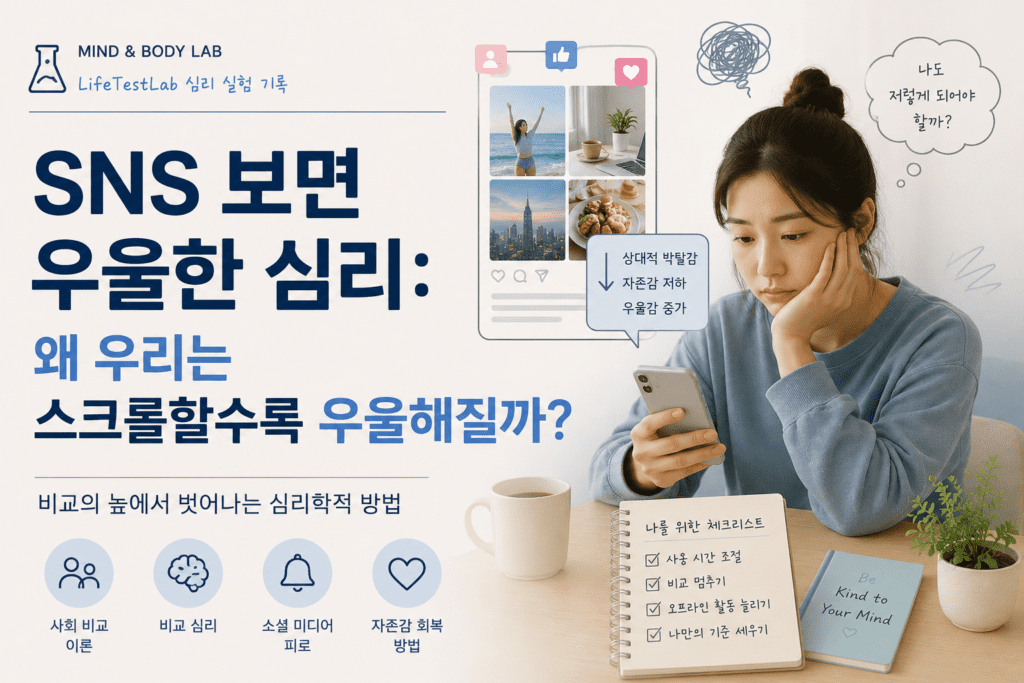 SNS 보면 우울한 이유를 설명하기 위헤 타인의 삶과 자신을 비교하고 우울감을 느끼는 심리를 표현한 블로그 대표 이미지