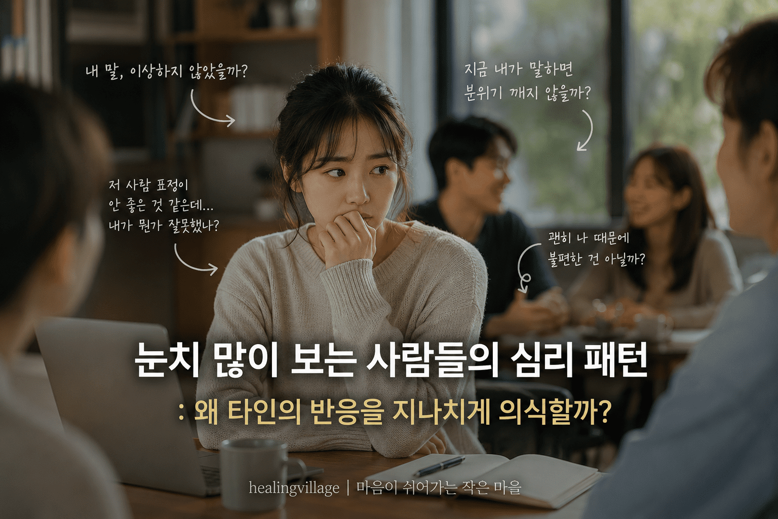 회의와 인간관계에서 타인의 시선을 지나치게 의식하는 눈치 보는 사람의 심리 패턴을 표현한 블로그 대표 이미지